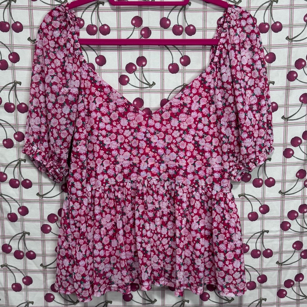 Miami Floral Pink and White Puff Sleeve Blouse